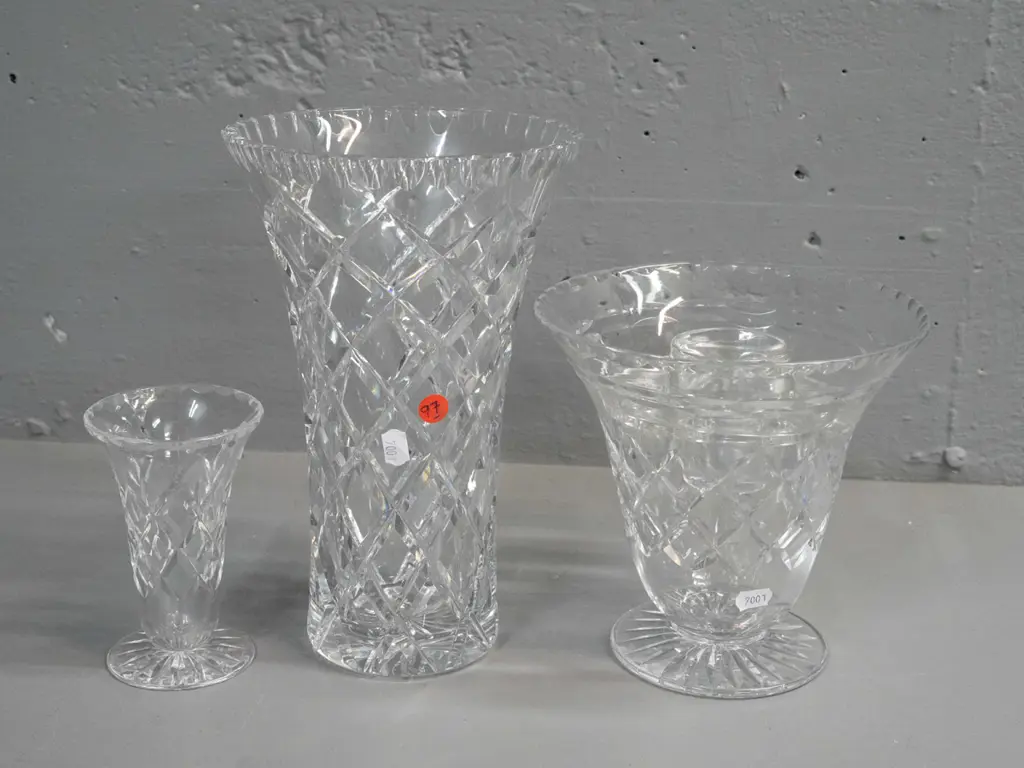 3 crystal vases - small Webb-Corbett, middle sized with glass frog is Tudor, largest unmarked - a few chips to flower Image 1++