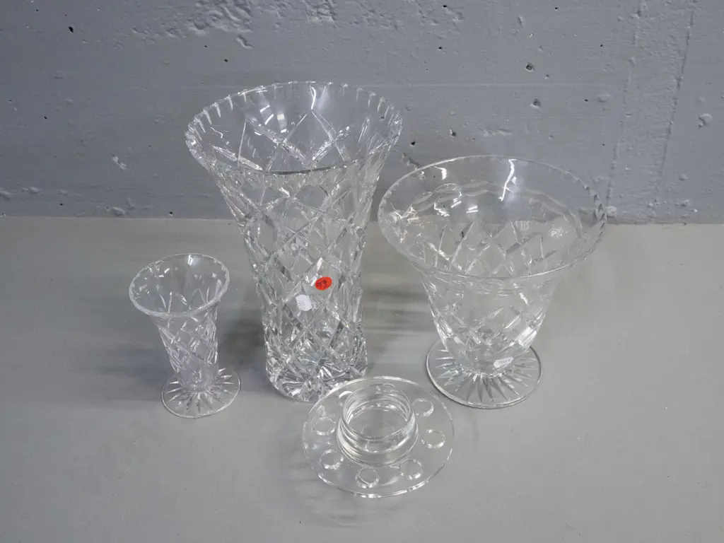 3 crystal vases - small Webb-Corbett, middle sized with glass frog is Tudor, largest unmarked - a few chips to flower Image 1++