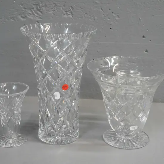 3 crystal vases - small Webb-Corbett, middle sized with glass frog is Tudor, largest unmarked - a few chips to flower