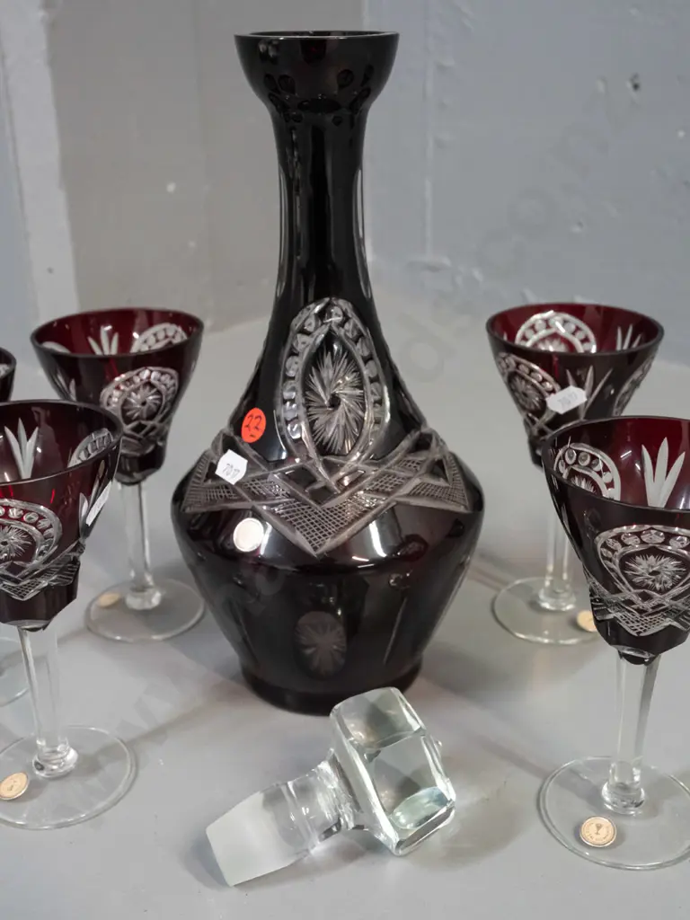 dark ruby red cut to clear glass liqueur set - labels "Made in Bohemia" - with non-original heavy faceted stopper H-330 Image 1++