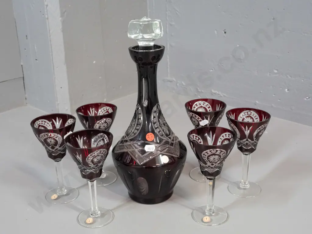 dark ruby red cut to clear glass liqueur set - labels "Made in Bohemia" - with non-original heavy faceted stopper H-330 Image 1++