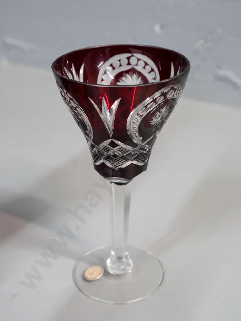 dark ruby red cut to clear glass liqueur set - labels "Made in Bohemia" - with non-original heavy faceted stopper H-330 Image 1++