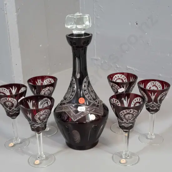 dark ruby red cut to clear glass liqueur set - labels "Made in Bohemia" - with non-original heavy faceted stopper H-330