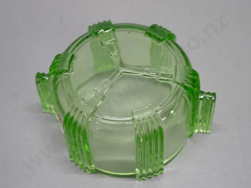 small deco style moulded green uranium glass bowl - small chip inside, likely would have had lid H-65 D-130 Image 1++