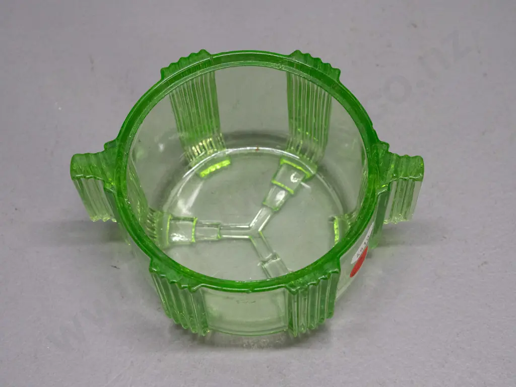 small deco style moulded green uranium glass bowl - small chip inside, likely would have had lid H-65 D-130 Image 1++