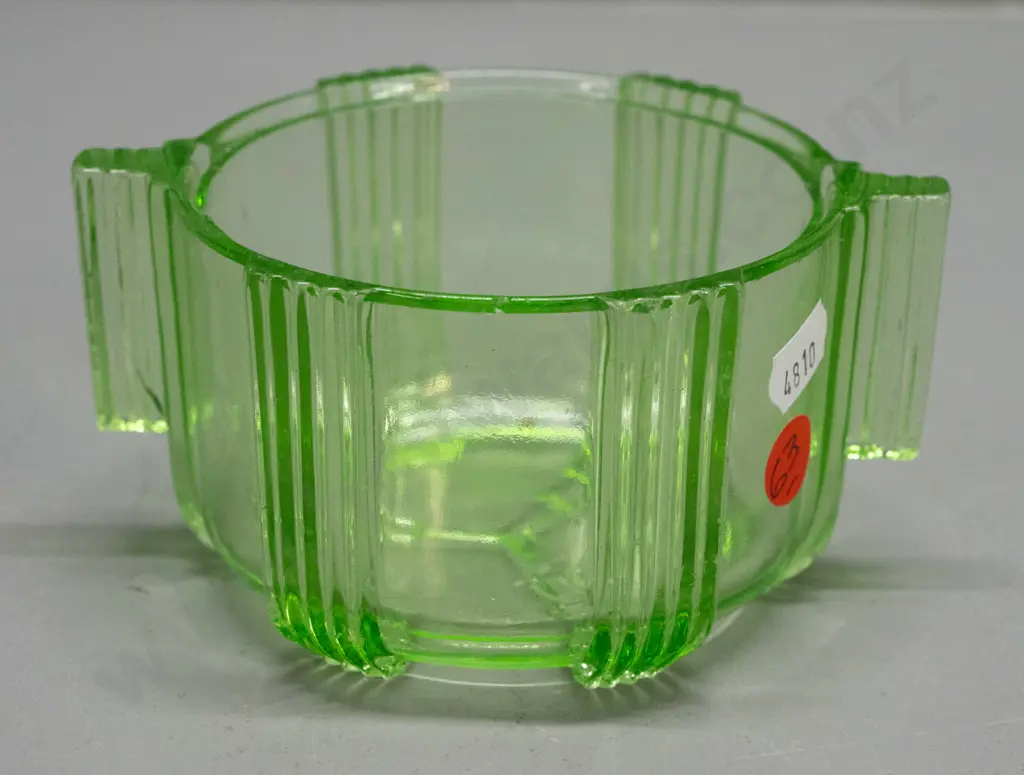small deco style moulded green uranium glass bowl - small chip inside, likely would have had lid H-65 D-130 Image 1++