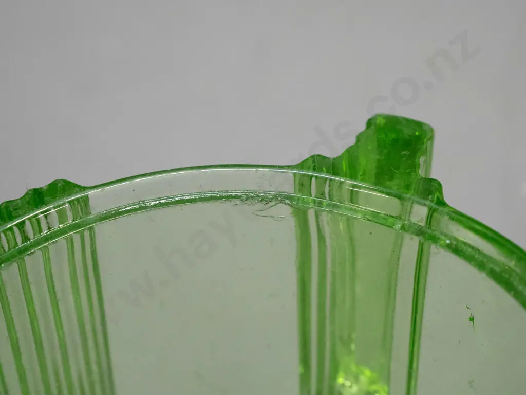 small deco style moulded green uranium glass bowl - small chip inside, likely would have had lid H-65 D-130 Image 1++