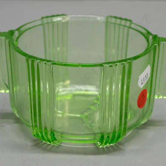 small deco style moulded green uranium glass bowl - small chip inside, likely would have had lid H-65 D-130