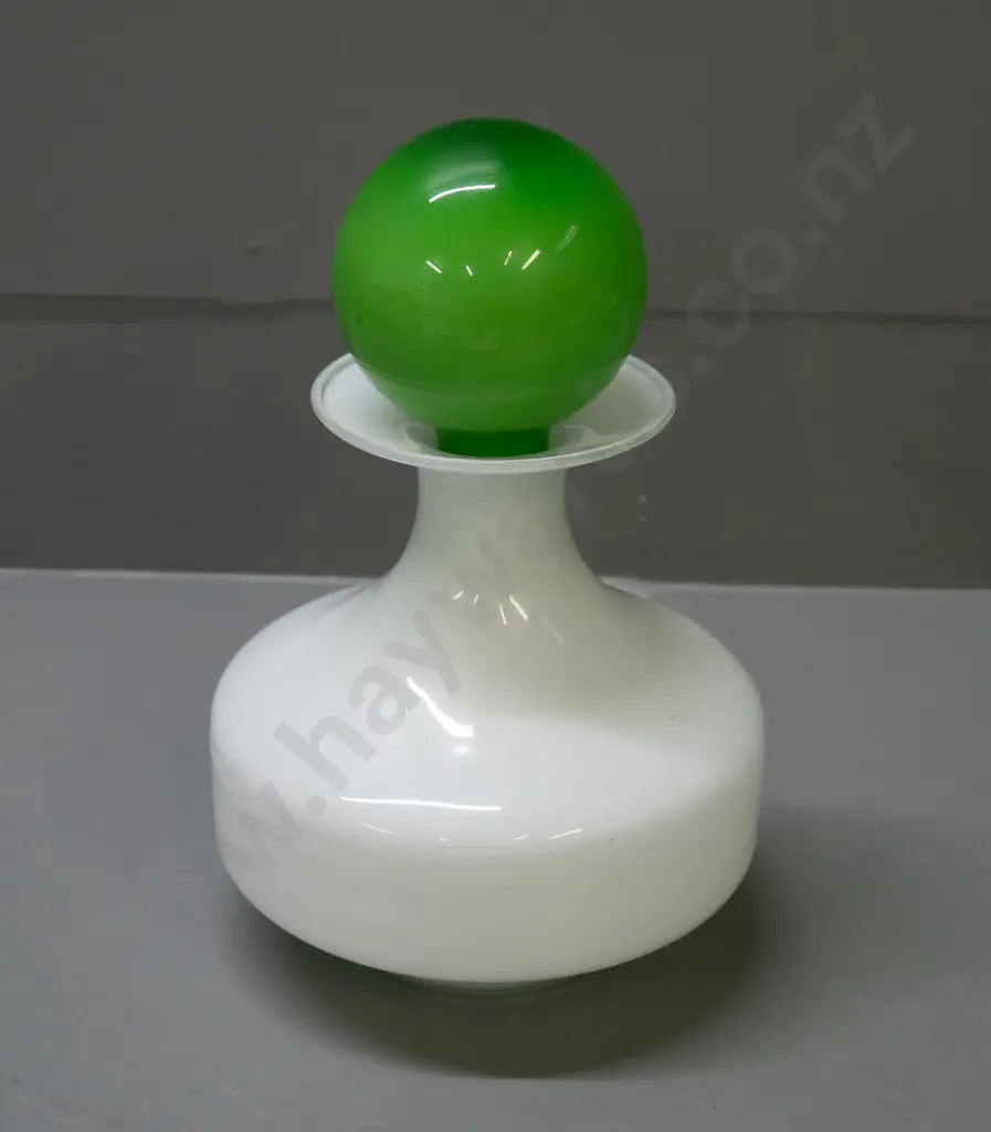 retro art glass decanter with green over white stopper and white body H-240 D-160 Image 1++