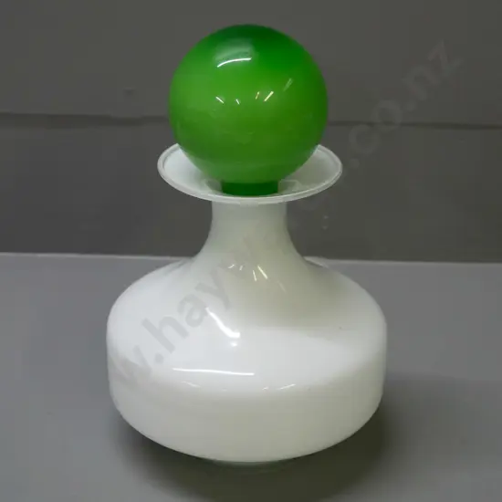 retro art glass decanter with green over white stopper and white body H-240 D-160