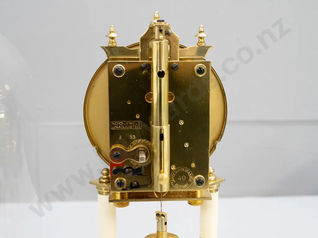 Schatz German glass-domed anniversary clock -brass and enamel with floral spray motifs H-300 D-190 Image 1++