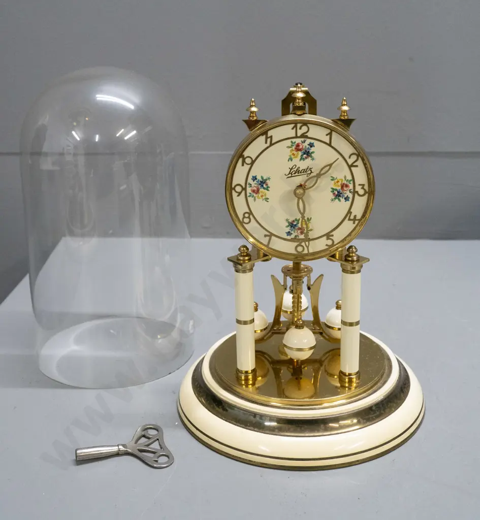 Schatz German glass-domed anniversary clock -brass and enamel with floral spray motifs H-300 D-190 Image 1++