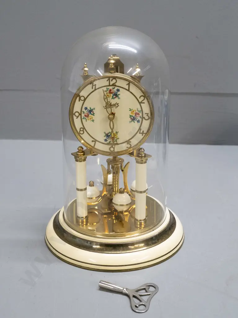 Schatz German glass-domed anniversary clock -brass and enamel with floral spray motifs H-300 D-190 Image 1++