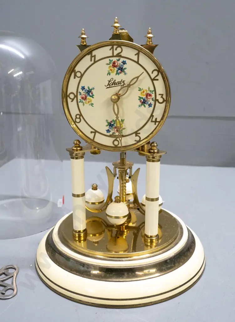 Schatz German glass-domed anniversary clock -brass and enamel with floral spray motifs H-300 D-190 Image 1++