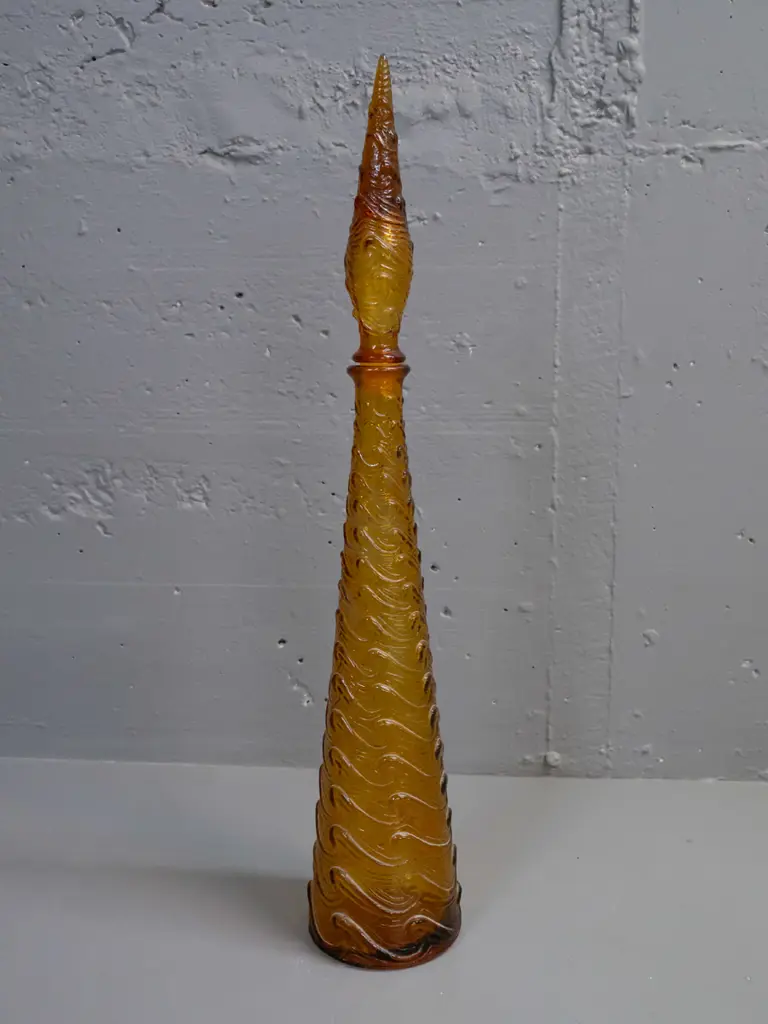 moulded amber glass stoppered genie bottle with wave design, 'Made in Italy' stamped in base H-570 Image 1++