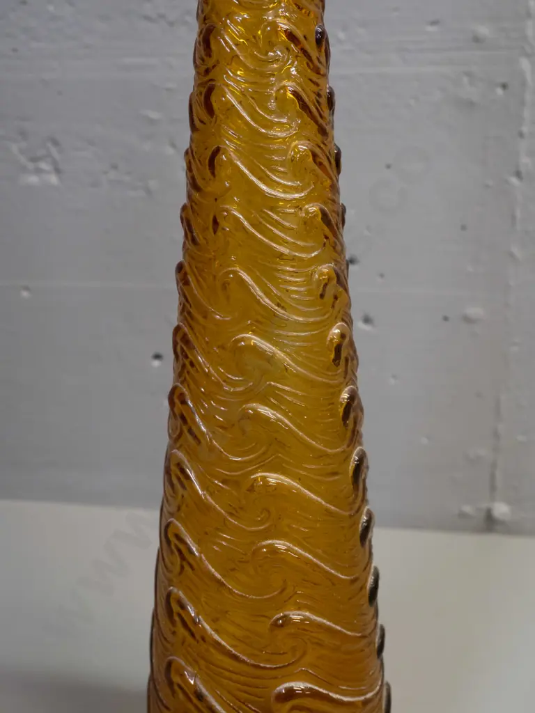 moulded amber glass stoppered genie bottle with wave design, 'Made in Italy' stamped in base H-570 Image 1++