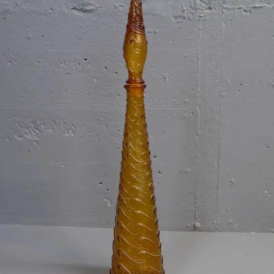 moulded amber glass stoppered genie bottle with wave design, 'Made in Italy' stamped in base H-570