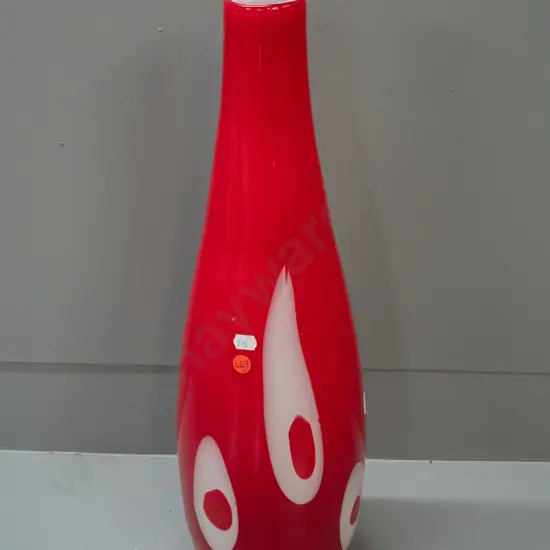 large heavy art glass vase - red with white ovals H-500