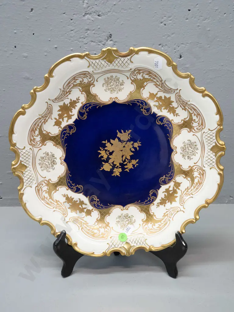 Reichenbach German-made decorative plate w/ scalloped rim and heavy gilt floral accent on deep cobalt D-315 Image 1++