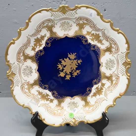Reichenbach German-made decorative plate w/ scalloped rim and heavy gilt floral accent on deep cobalt D-315