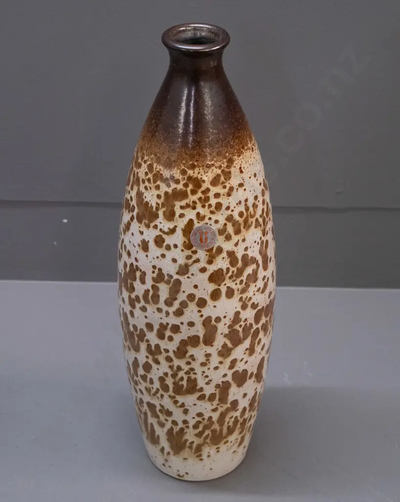 German pottery tall mottled brown bottle vase with Uebelacker Keramik label H-400 Image 1++