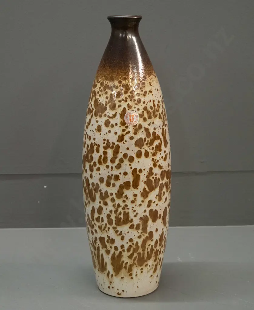 German pottery tall mottled brown bottle vase with Uebelacker Keramik label H-400 Image 1++
