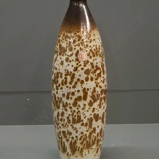 German pottery tall mottled brown bottle vase with Uebelacker Keramik label H-400