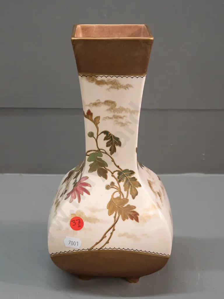 vintage square faceted footed vase with raised enamel & gilt chrysanthemum decoration, marked Doulton with signature Image 1++