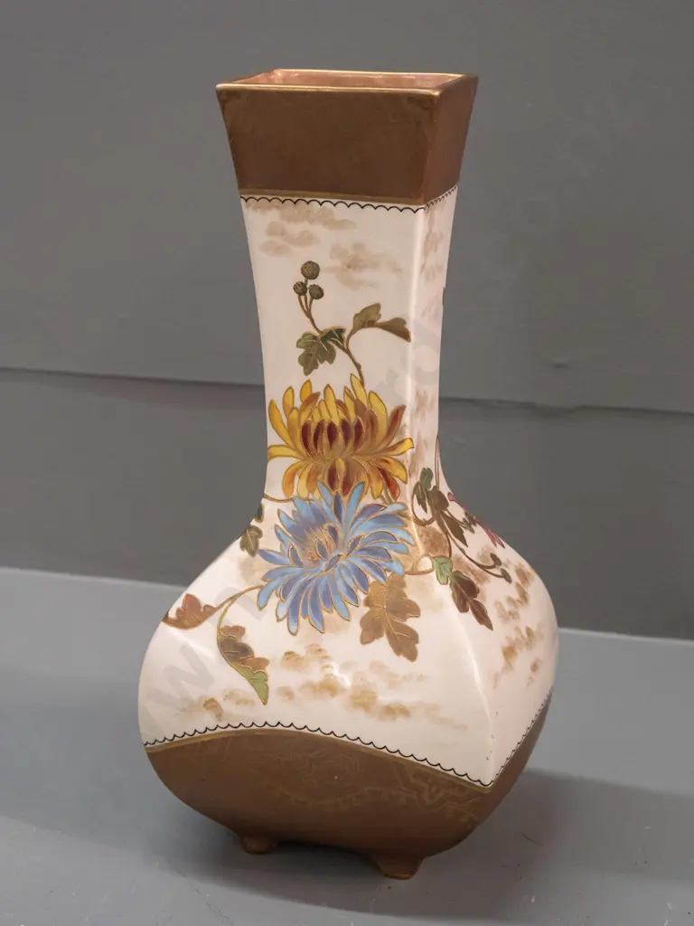 vintage square faceted footed vase with raised enamel & gilt chrysanthemum decoration, marked Doulton with signature Image 1++