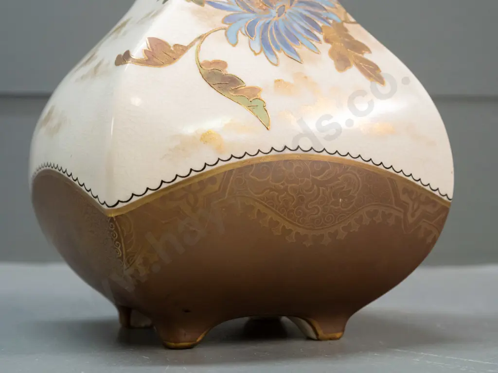 vintage square faceted footed vase with raised enamel & gilt chrysanthemum decoration, marked Doulton with signature Image 1++
