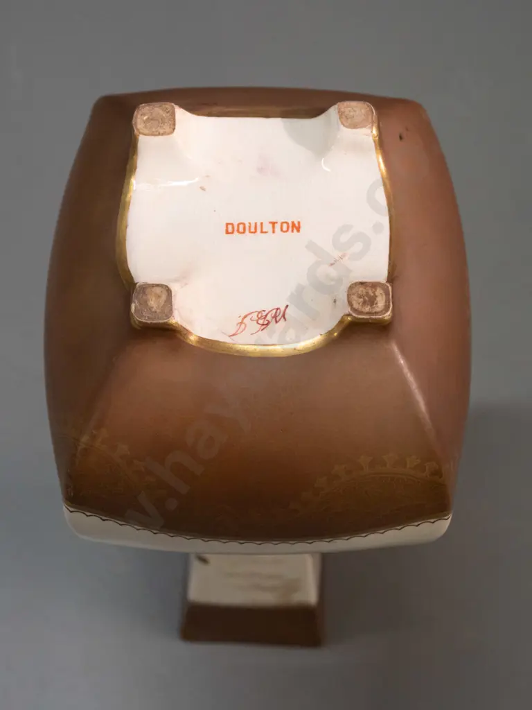 vintage square faceted footed vase with raised enamel & gilt chrysanthemum decoration, marked Doulton with signature Image 1++