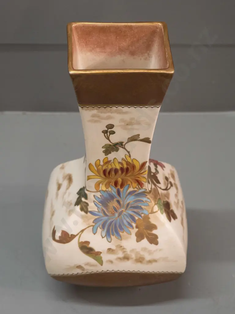 vintage square faceted footed vase with raised enamel & gilt chrysanthemum decoration, marked Doulton with signature Image 1++