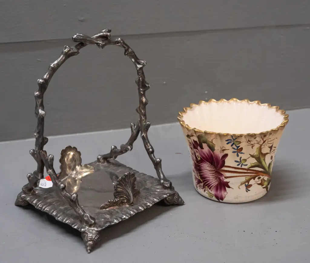 early Carlton Ware frilled and fluted floral pot marked W&R Stoke on Trent on silver-plated stand H-160 W-100 D-100 Image 1++