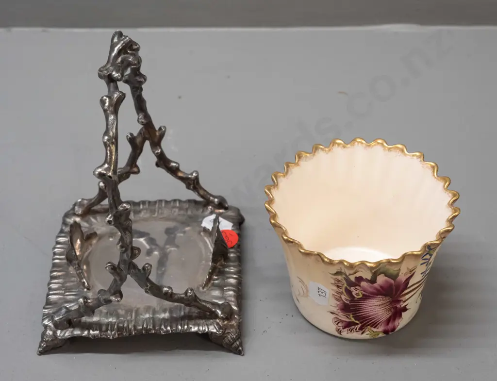 early Carlton Ware frilled and fluted floral pot marked W&R Stoke on Trent on silver-plated stand H-160 W-100 D-100 Image 1++