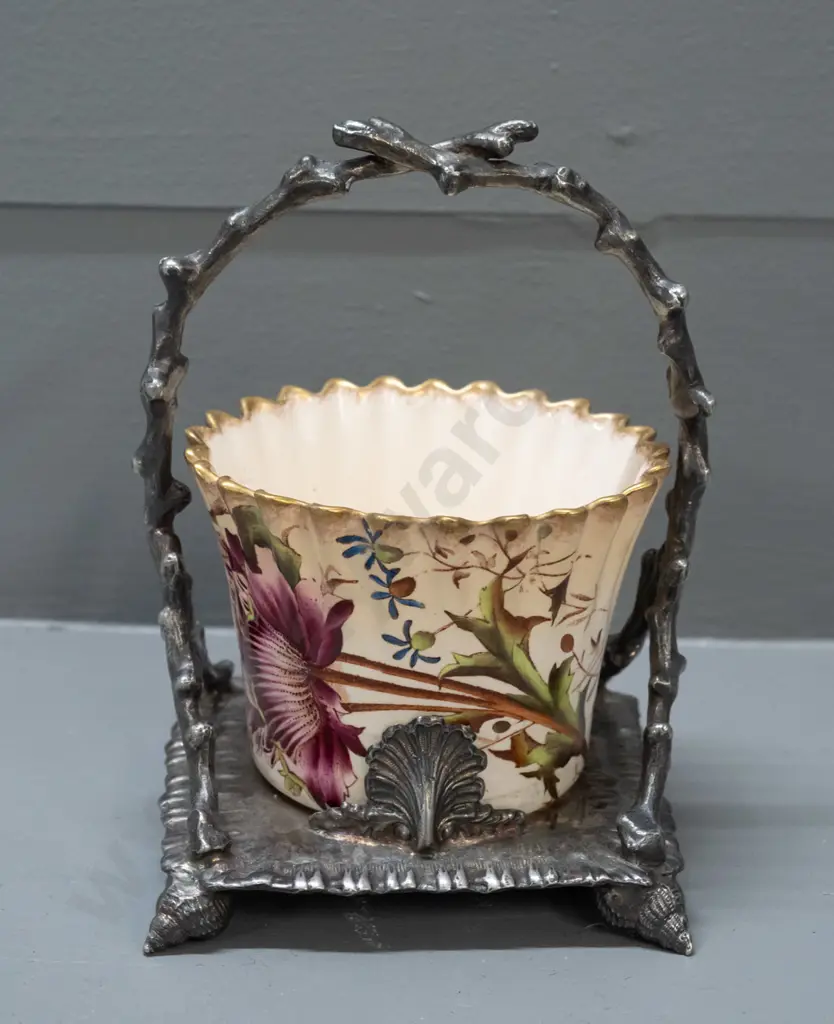 early Carlton Ware frilled and fluted floral pot marked W&R Stoke on Trent on silver-plated stand H-160 W-100 D-100 Image 1++