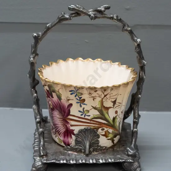 early Carlton Ware frilled and fluted floral pot marked W&R Stoke on Trent on silver-plated stand H-160 W-100 D-100