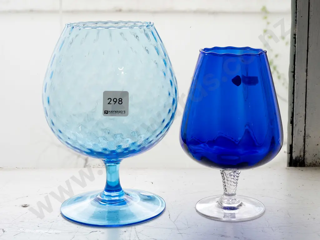 2x retro blue glass Empoli-style vases. Taller vase H-210 Image 1++