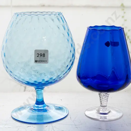 2x retro blue glass Empoli-style vases. Taller vase H-210