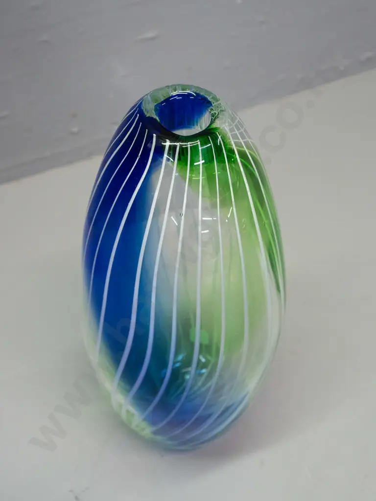 heavy art glass vase - blue, green and clear with white pinstripe swirl H-330 Image 1++