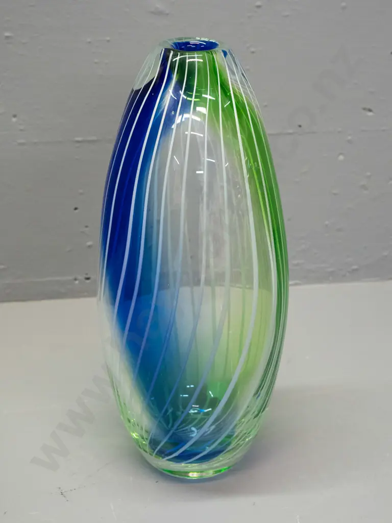 heavy art glass vase - blue, green and clear with white pinstripe swirl H-330 Image 1++