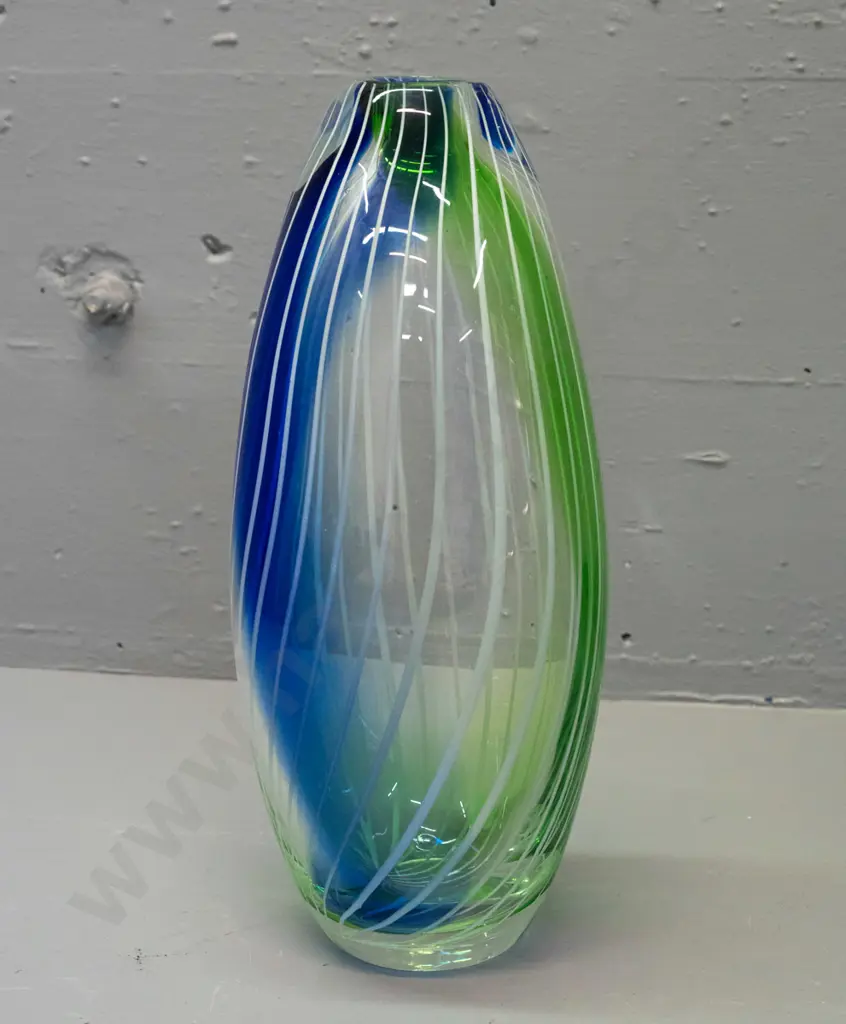 heavy art glass vase - blue, green and clear with white pinstripe swirl H-330 Image 1++