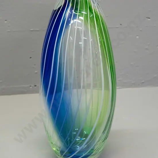 heavy art glass vase - blue, green and clear with white pinstripe swirl H-330