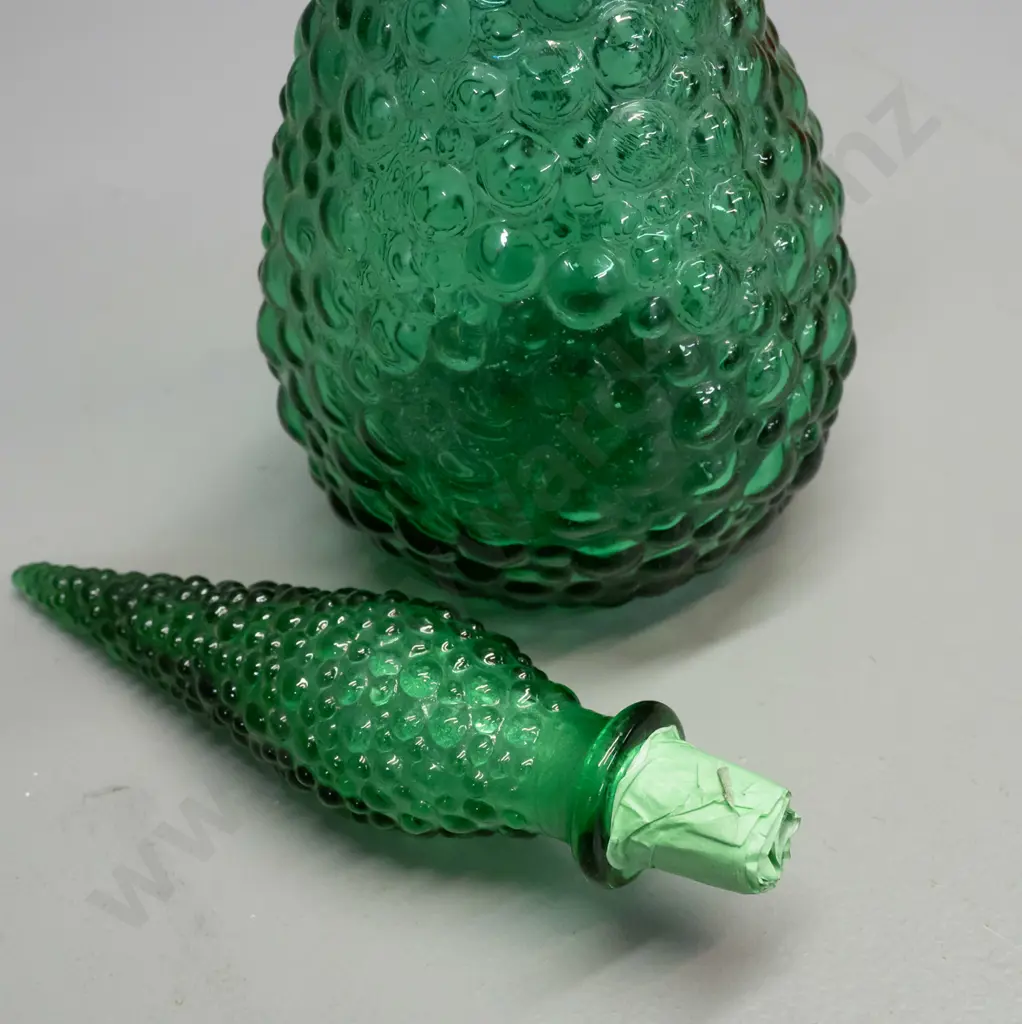 retro green bubble glass stoppered genie bottle. Tape wrapped around stopper base. Made in Italy moulded into base H-560 Image 1++