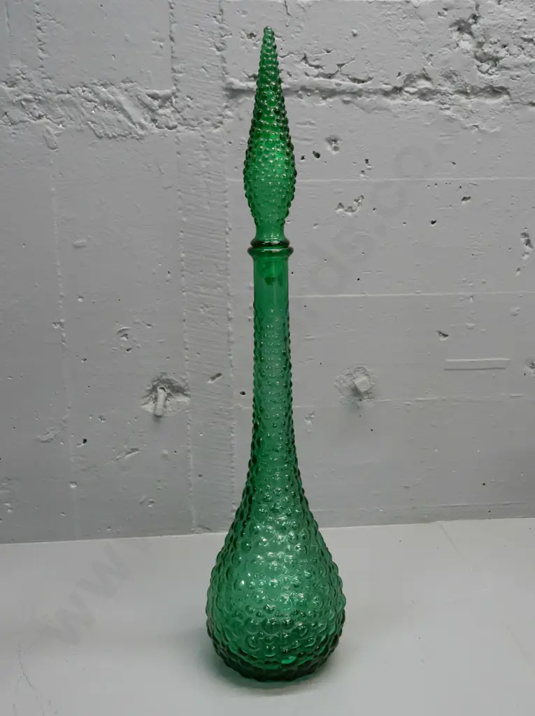 retro green bubble glass stoppered genie bottle. Tape wrapped around stopper base. Made in Italy moulded into base H-560 Image 1++