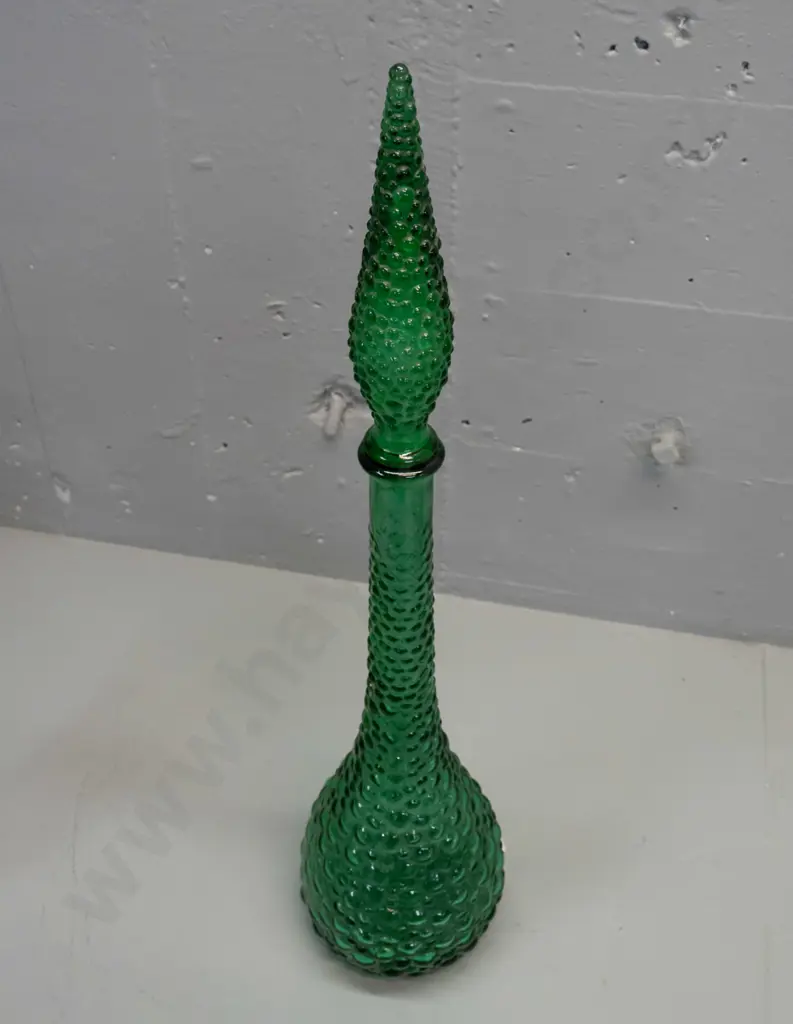 retro green bubble glass stoppered genie bottle. Tape wrapped around stopper base. Made in Italy moulded into base H-560 Image 1++