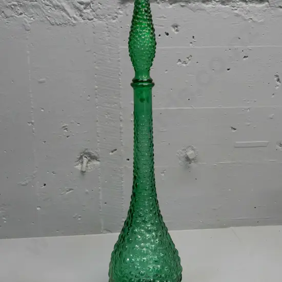 retro green bubble glass stoppered genie bottle. Tape wrapped around stopper base. Made in Italy moulded into base H-560