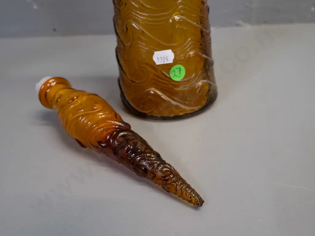 moulded amber glass stoppered genie bottle with wave design, 'Made in Italy' stamped in base - powdery white residue Image 1++