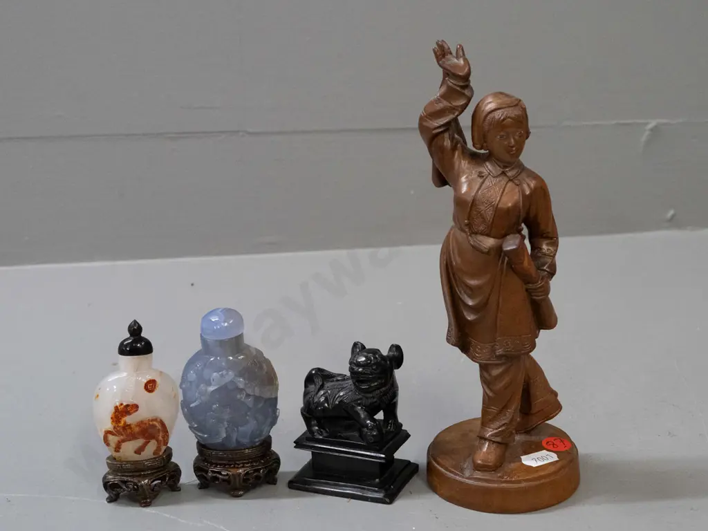 Chinese carved wooden figure of woman with scroll, small black stone or faux stone foo dog and 2 scent bottles on stands Image 1++
