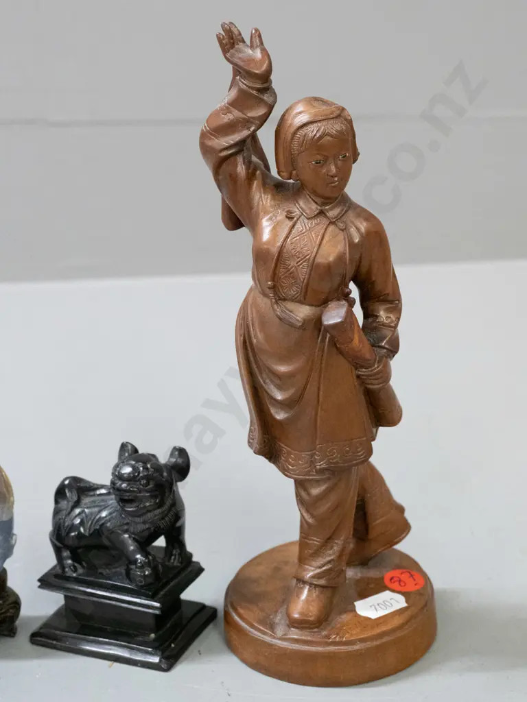 Chinese carved wooden figure of woman with scroll, small black stone or faux stone foo dog and 2 scent bottles on stands Image 1++