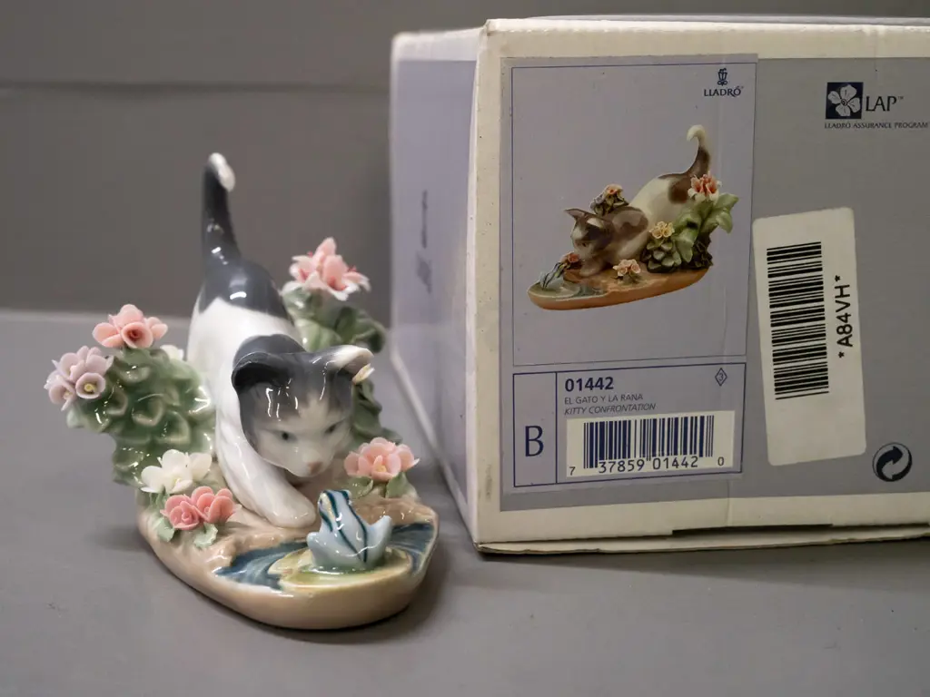 Lladro cat and frog figure with fine applied floral decoration, with original box H-90 L-120 Image 1++